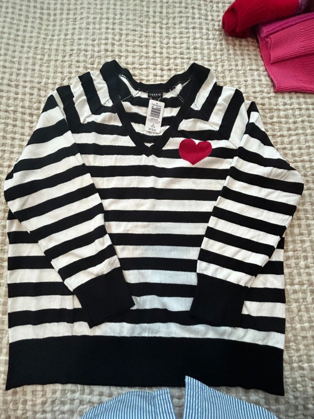 Torrid Black & White Striped V-Neck Sweater with Red Heart Accent NWT